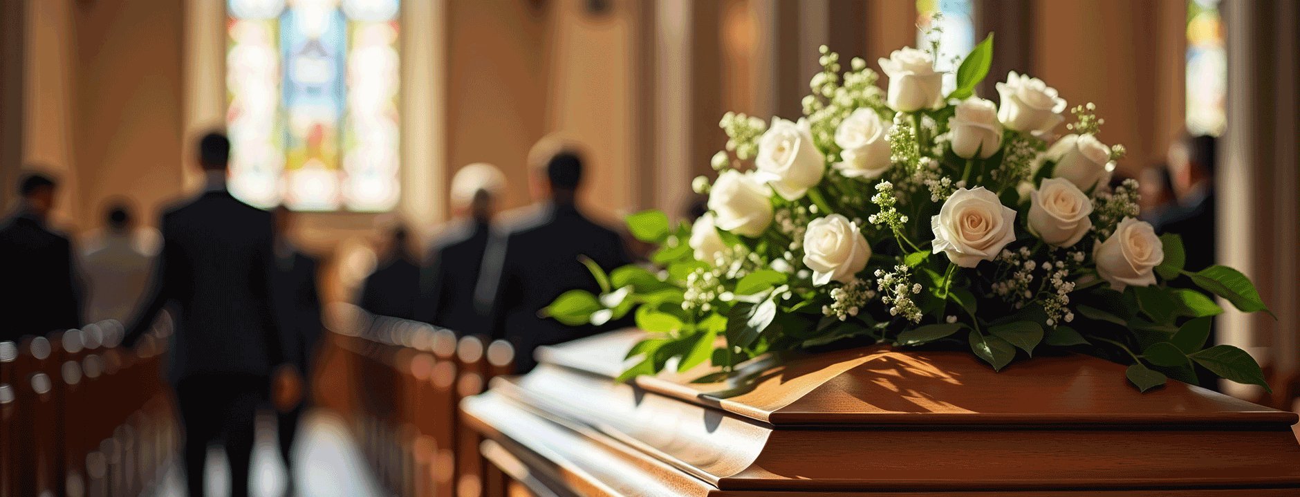 Trauerfloristik und Beerdigungsblumen mit weißen Rosen auf einem Sarg in einer Kirche bei einer Beerdigung