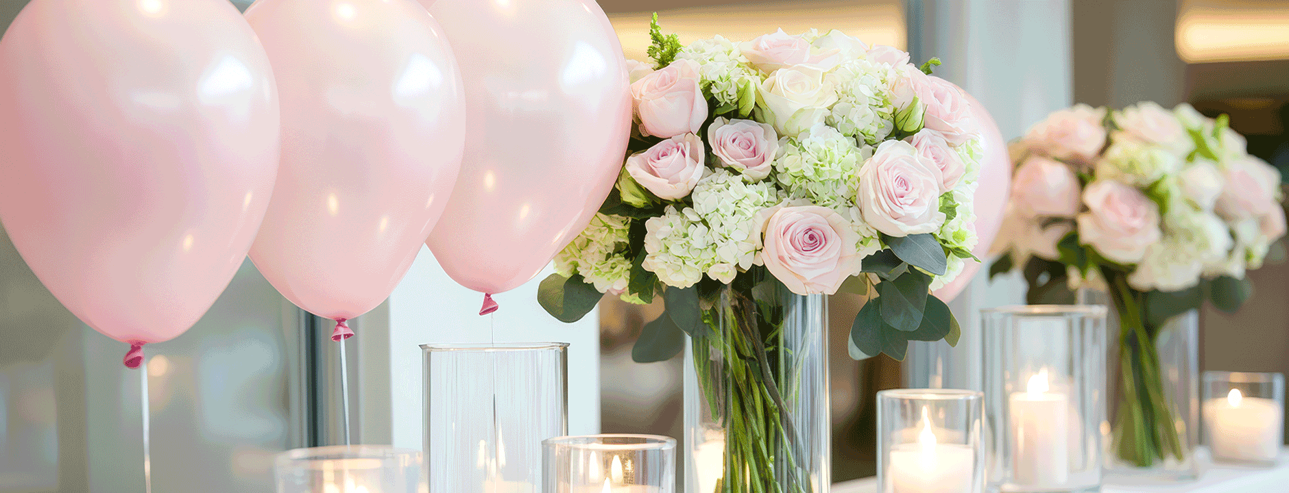 Elegante Blumenarrangements mit Rosen, Kerzen und Luftballons als individuelle Geschenkideen für besondere Anlässe