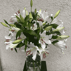 Großer Strauß weißer Casablanca-Lilien in Glasvase, ideal zum Bestellen und Verschicken in München für stilvolle Blumengeschenke.
