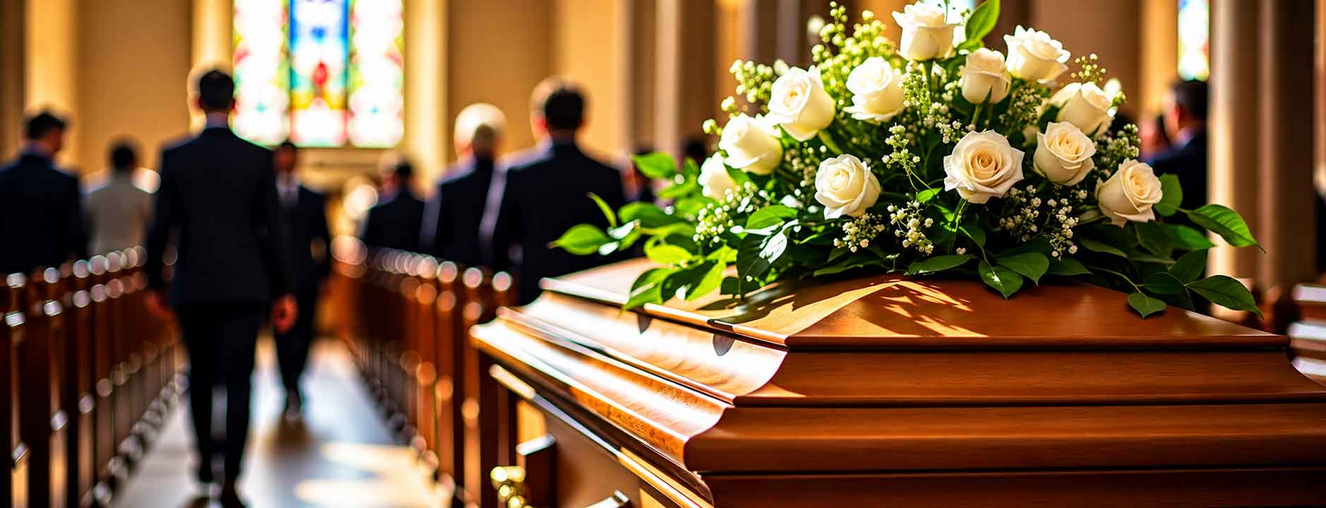 Trauerfloristik und Beerdigungsblumen mit weißen Rosen auf einem Sarg in einer Kirche bei einer Beerdigung