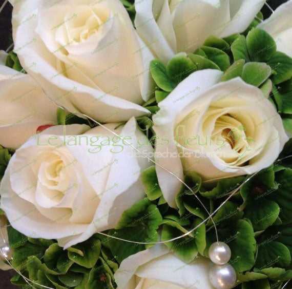 White bouquet of flowers in Munich with elegant roses and green hydrangeas, ideal as a gift with 24H delivery possible.